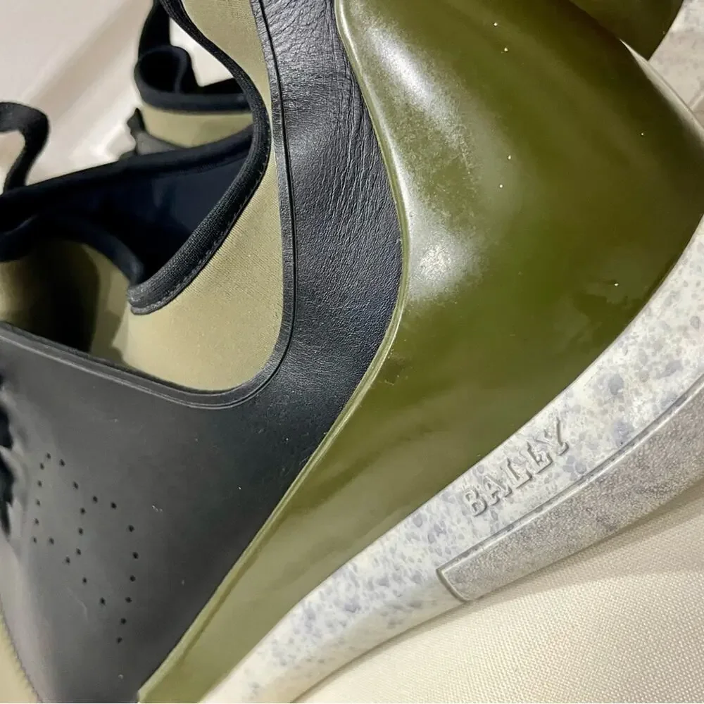 BALLY‎ MEN SHOES NEOPRENE OLIVE GREEN/BLACK LEATHER MADE IN ITALY Sz 13 ICONIC